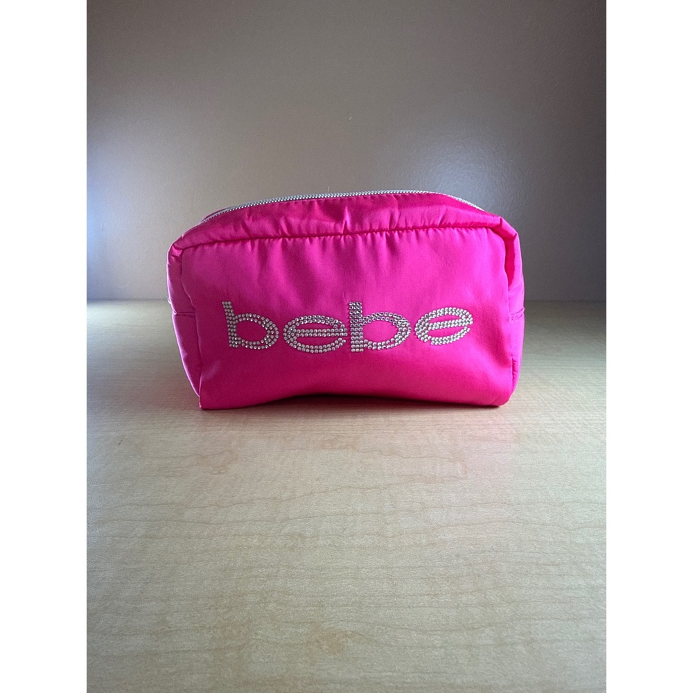 Bebe Pink Nylon Rhinestone Logo Makeup Bag Cosmetic Pouch BBC1P171PK